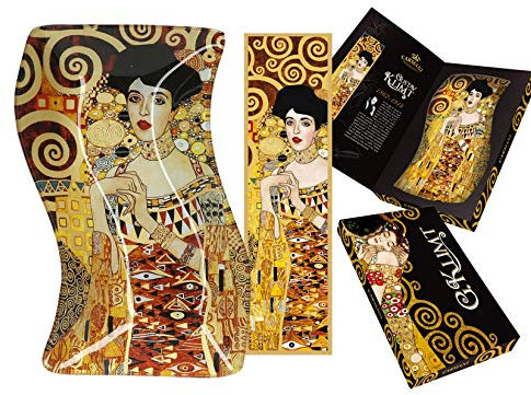 CARMANI - Assiette en verre décorative Rectangle ondulé, plat de fete, noix, assiette de service imprimée avec la peinture «Adele» de Gustav Klimt 18x12.7cm