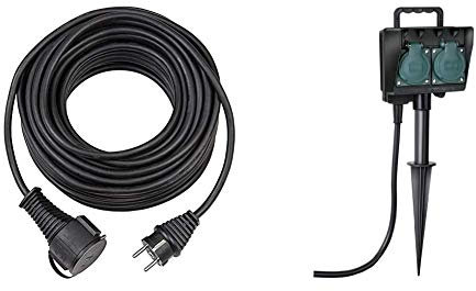Brennenstuhl Qualitäts-Gummi-Verlängerungskabel (5m Kabel, für den kurzfristigen Einsatz im Außenbereich IP44) schwarz & Gartensteckdose, Außensteckdose 2-fach mit Erdspieß, schwarz