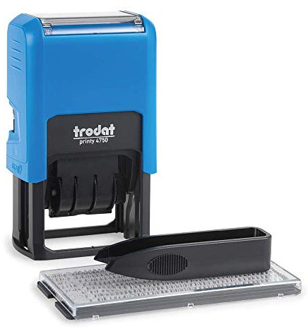 Trodat Printy 4750 Typomatic Datumsstempel zum Selbersetzen, 2-zeilig, selbstfärbend, Abdruckfarbe blau-rot, max. 41 x 24 mm 9010035414223