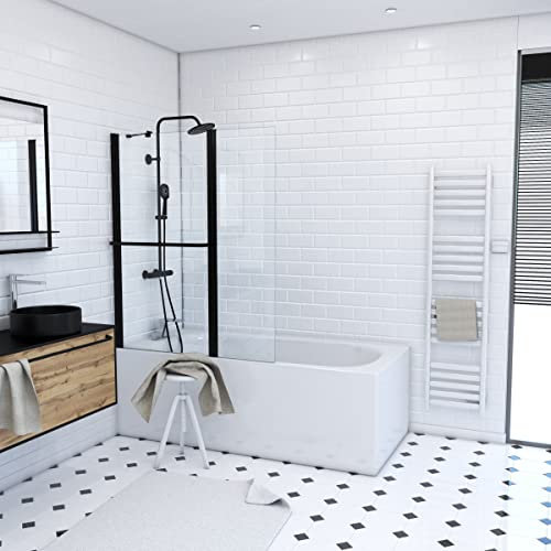 AURLANE Pare Baignoire avec VOLET PIVOTANT 130x105cm Profile Aluminium Noir Mat ET Verre Transparent