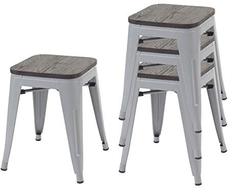 4er-Set Hocker HWC-A73 inkl. Holz-Sitzfläche, Metallhocker Sitzhocker, Metall Industriedesign stapelbar - grau