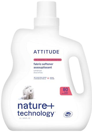 ATTITUDE Liquid Fabric Softener, Plant-Based & Vegan, HE Compatible, Naturally Derived, Pink Grapefruit Scent, 80 Loads, 2 Liters