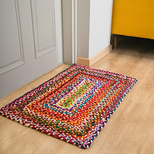 Baumwolle Flickenteppich - Rechteckiger Handgeflochtener Böhmischer Bunter Teppich Boden Teppiche - Recyceltes Chindi - Biologisch Abbaubar - 91x61 cm - Dekoratives Element für Büro und Zuhause