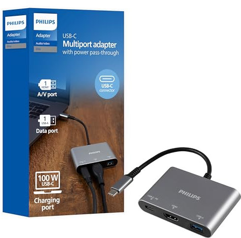 Philips USB C Hub to Multiport Adapter, 3 in 1 Power Pass Through, HDMI 4k@30Hz, 60W USB C Charging Port, 5Gbps USB 3.0 Port for MacBook Pro, MacBook Air, UCB C Laptop Docking Station, DLK9220C/27