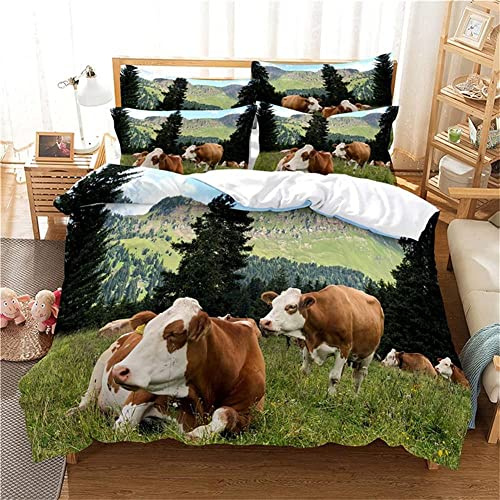 LUYAPOND Housse de Couette 220x240 Adulte Vache des PréS Parure de Lit 220x240 Adulte Literie avec 2 Taies d'oreiller 65x65 + 1 Housse de Couette Imprimé en Microfibre