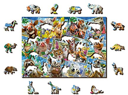 Wooden.City Holzpuzzle 200 Teile - Animal Postcards - Erwachsene Kinder Tierpuzzle - Puzzle - Bunt Einzigartige Tierform - Haus Dekoration - Geschenk Lernspielzeug - Tolles Spielzeug - 25,4 x 18,2 cm