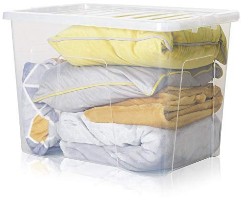 TENLITE PACK OF 2 Large Storage Box with Lid Strong Plastic Stackable Nestable Container Home Office Clear (80 Litre)