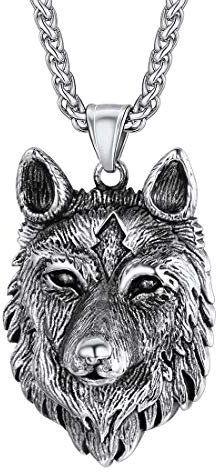 U7 Wikinger Wolf Halskette Edelstahl Wolfskopf Anhänger mit 3mm/55+5cm Weizenkette Keltischer Amulette Modeschmuck Accessoire für Männer Frauen