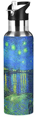 JUMBEAR Van Gogh Bouteille d'eau isotherme en acier inoxydable avec couvercle à paille pour fitness, gym et sports de plein air 650 ml