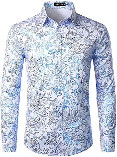PARKLEES Men's Luxury Gold Prom Design Slim Fit Long Sleeve Button up Party Dress Shirts White Royal S