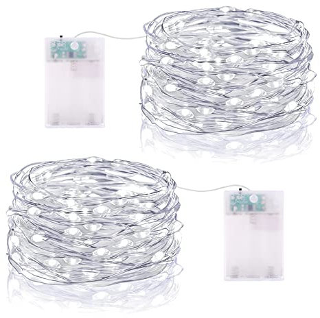5M 50 LED Lichterketten Batterie Timer, Micro Drahtlichterkette IP65 Wasserdichte Kupferdraht Lichterkette für Zimmer Party Garten Weihnachten Halloween Hochzeit Deko DIY (2 Stück, Kaltweiß)