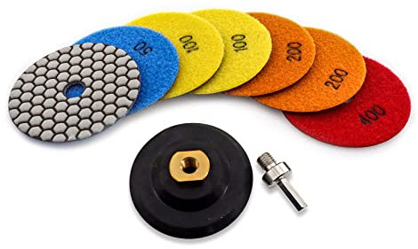 KURSTOL Diamant Polierscheibe Set Trocken - 4″/100mm 7st Polierpads Körnung 50x2/100x2/200x2/400, 1st M14-Gewinde Gummi-Stützteller, 1st Adapter für Granit Marmor Kunststein Quarz