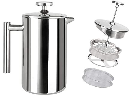 Has & Fas French Press Stainless Steel 304 for 1-2 or smaller 3 Cups, Cafetiere 350ml, Mini Coffee Maker for Hot Chocolate Moka Tea pots, Cold Brew Maker, Portable Travel Cafeteria Classic, Grey