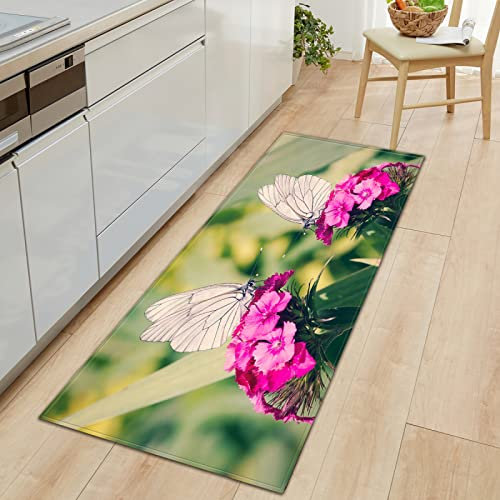 TFLABS Küchenläufer Lila Blumen & Schmetterlinge Teppich Läufer Wasserdicht rutschfest, Teppich Läufer Küchenmatte für Küche Flur Wohnzimmer Schlafzimmer Badezimmer 50 x 160cm