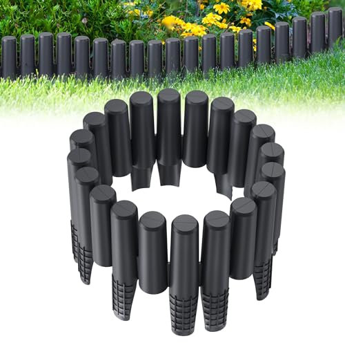 XMTECH Rasenkante Holzoptik 5,6m Garten Beetumrandung Beeteinfassung Mähkante Palisade aus Kunststoff, Gartenpalisade Gartenzaun, Anthrazit, 1 Element (L x H): 28 x 24,5 cm, 20 Stück