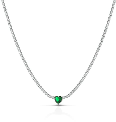 Collana Tennis Donna in Acciaio con Pietra a Forma di Cuore, Collana Cuore con Zirconi, Ipoallergenica e Antigraffio con Chiusura a Moschettone Placcata Oro Bianco