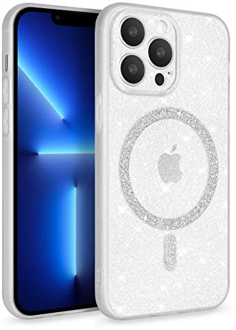 Newseego Glitter Clear iPhone 13 Pro Case for Girls Women [Compatible for MagSafe], Magnetic Phone Case Cute Sparkly Bling Slim Shockproof Camera Protection Bumper Cover for iPhone 13 Pro-White