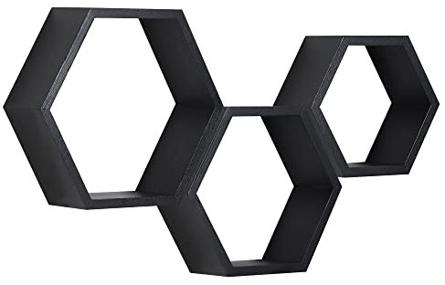 PHOENANCEE Hexagon Wandregal, Wohnzimmer Deko Wand, Holz Hängeregal für Schlafzimmer, 3er-Set(Schwarz)