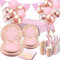 Party Tableware Pink and Gold 20 Guests Paper Tableware Set, Paper Plates Napkins Cups Straws Tablecloth Balloons for Wedding Engagement, Baby Shower, Kids Girls Birthday Party Supplies Decorations