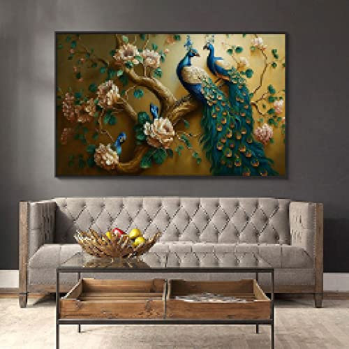 KEBIA Pfau, der auf einem Ast steht, Gemälde auf Leinwand, Poster und Drucke, Wandkunst, Bilder für Schlafzimmer, Wohnzimmer, Wohnkultur, 80 x 110 cm, rahmenlos