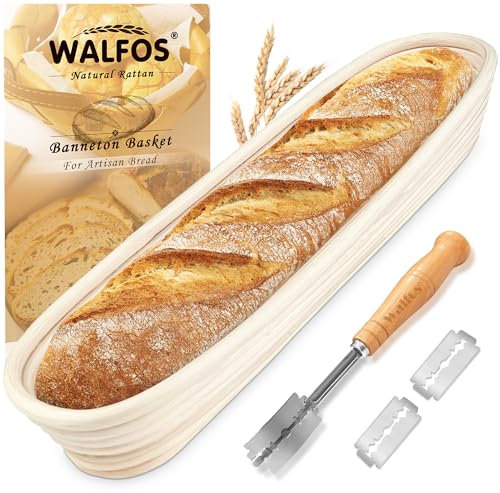 Walfos® Oval proofing basket, bread baking mould, 44 cm, 100% natural rattan, holds 1 kg of dough, odourless and easy to clean, ideal for professional bread baking and home (including baker's knife)