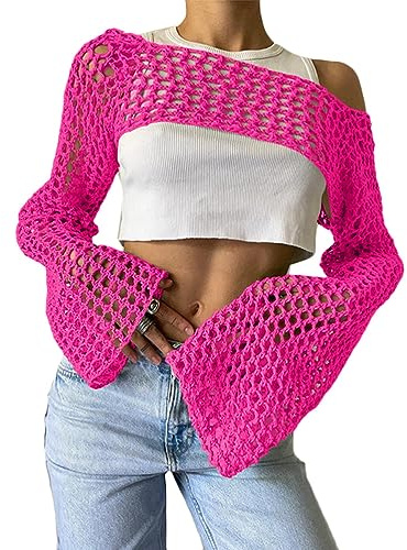 ORANDESIGNE Damen Y2K Crochet T-Shirt Frauen Langarm Crop Top Einfarbig Top One-Shoulder Crochet Aushöhlen Pullover 90er Streetwear Gothic Punk Schulterfrei Zerrissene Strickpullover Lose Oberteile