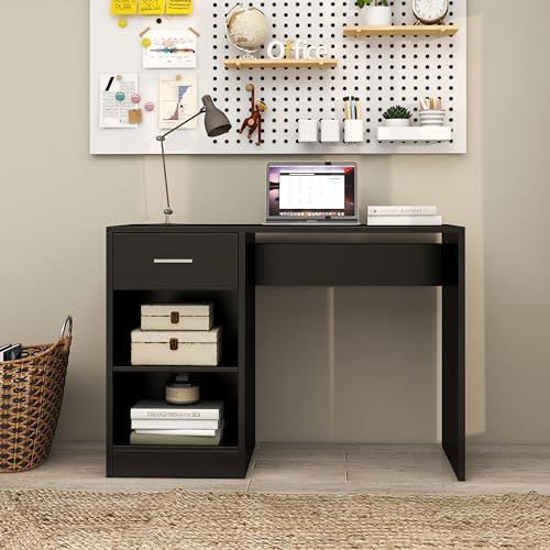 Computer Desk 1 Drawer Home Office Writing Study Desk, Modern Simple Style PC Table, Dressing Desk (Black)