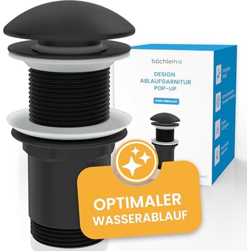 Bächlein Design Ablaufgarnitur ohne Überlauf (Matt Schwarz) - Pop Up Ventil aus Messing mit innovativer Kappenform gegen Wasserflecken Kalkränder