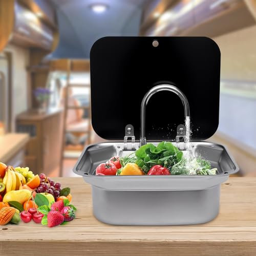 Edelstahl Waschbecken RV Camping Spüle mit Wasserhahn und Deckel Rechteckig Einzelne Sink Handwaschbecken Spülbecken Set für RV Caravan Camper Küche, Bars, Cafés, 42,3 x 37,3 x 15cm