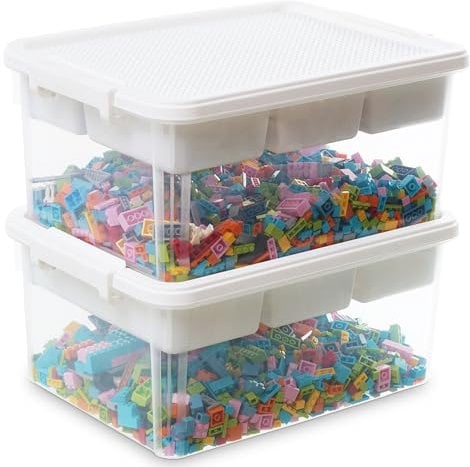 Citylife 2 Packs 16L Stackable Storage boxes with compartments, Organizers with Removable Tray, Latch Handle, Plastic Craft storage Box for Building Blocks Bricks Puzzle Board Organizer Accessories