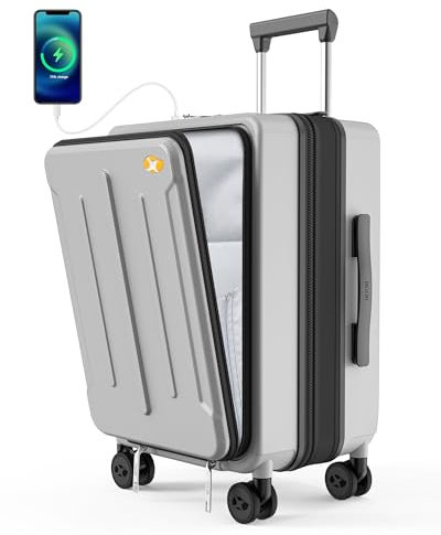 MGOB Koffer Handgepäck Trolleys Polycarbonat Reisekoffer Erweiterbar mit Vordertasche Hartschalen Leicht mit TSA USB und Externer Teleskopgriff,55x36x24cm(Silber)