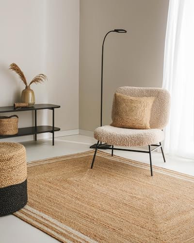 benuta Pure Jute Teppich Jutta - Natur 200x300cm - Weiße Bordüre - Handgewebter Wohnzimmerteppich - Natürliches Boho Design - Für Fußbodenheizung geeignet