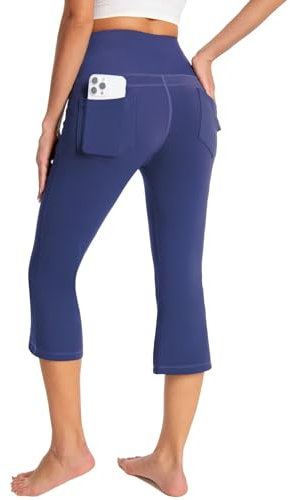 GEMZIX Damen Kühlende Bootcut Capri Leggings 3/4 Sommer Butterweiche High Waist Stretch Flared Yogahose Leicht Blickdicht Schlaghose Arbeitshose mit Taschen Jeggings für Gym Alltag, Blau, XL