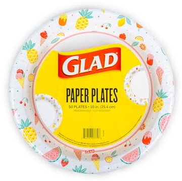 Glad Disposable Paper Plates, Picnic Design - Soak Proof, Cut-Resistant, and Microwavable for All Foods, Great for Outdoor Parties and Everyday Meals, Multicolor, 10 Inch, 50 Count