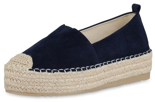 VAN HILL Damen Espadrilles Plateau Bast Trendy Schuhe 215559 Dunkelblau 39