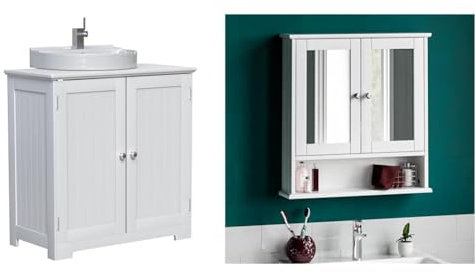 Bath Vida Priano Under Sink Bathroom Cabinet Floor Standing Storage Cupboard Basin Unit, White & Double Door Bathroom Cabinet, Wood, White, Mirrored Wall Mounted Storage Furniture