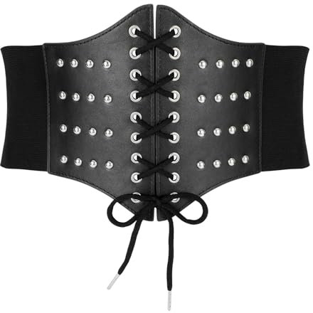 VONMELLI Damen Elastische Schnürung Korsett Gürtel Tied Waspie Breite Kostüm Stretch Taille Gürtel für Halloween Schwarz (mit Nieten) L