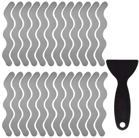 Pegatinas Antideslizantes, 1 Juego de 24 Piezas Tiras de Pegatinas Adhesivo Antideslizante para Escaleras y Baños, Adhesivo Antideslizante en Forma de S, con 1 Raspador, Gris