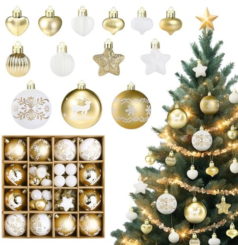 Kesote Weihnachtskugeln Weiß Christbaumkugeln Gold Set 52er Weihnachtsbaumschmuck Weihnachtsdeko für Weihnachten Party