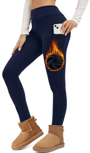 Havideto Thermo Leggings Damen Winter High Waist Fleece Gefüttert Leggins Warme Dicke Plüsch Leggings Stretch Blickdicht mit Taschen Dunkelblau XL
