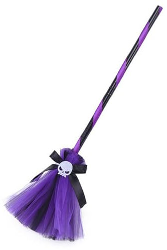 HzDazrl Escoba de bruja de Halloween para mujer, cintas, esqueleto, brujas, escobas, cosplay, fiesta, decoración de disfraces para adultos (negro morado, S)