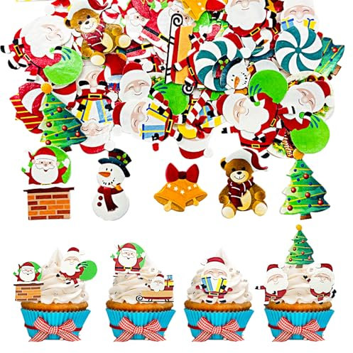 Feliciay 60 Stück Essbare Weihnachten Tortendeko,Esspapier Tortendeko Weihnachten,Weihnachten Cupcake Topper,Essbare Weihnachten für Torte,Deko Torte für Weihnachten Cupcakes,Kuchen,Muffins,Party Deko