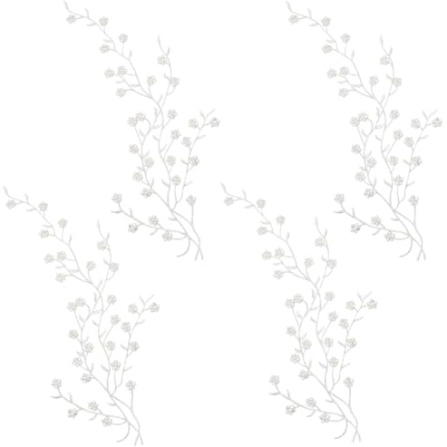 CRASPIRE 4pcs Silver Flower Blossom Embroidery Applique Plum Vines Patches Sew on Patches Ethnic Style Metallic Floral Lace Embellishments Trim for Wedding Dress Decoration DIY Craft White Fabric