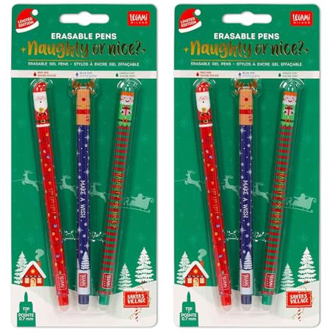 LEGAMI Lot de 6 stylos gel effaçables avec encre effaçable thermosensible, Édition de Noël ''Naughty or Nice'' Emballage blister, pointe 0,7 mm, rouge, bleu et vert