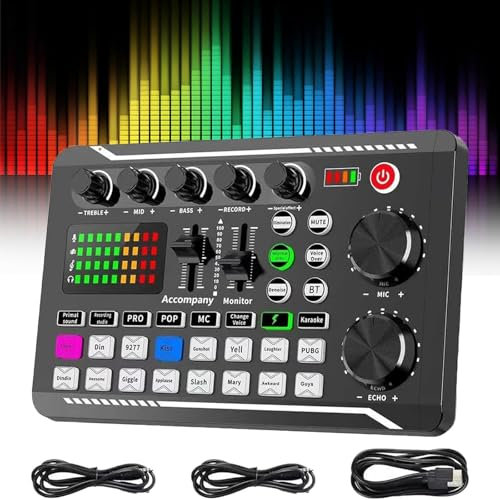 pulunto Live Sound Card with Dj Mixer Effects & Voice Changer, F998 Live Sound Card Audio Mixers, Professional Sound Mixer Board, LED Light Voice Changer Sound Card with Multiple Sound Effects