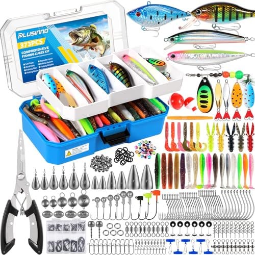 PLUSINNO Fishing Lures Kit with Removable Tray, 373PCS Fishing Tackle Box with Tackle Included, Fishing Gear Pliers, Weights, Hooks, Accessories, Fishing Tackle Lure Kit Gifts for Men Bass Trout