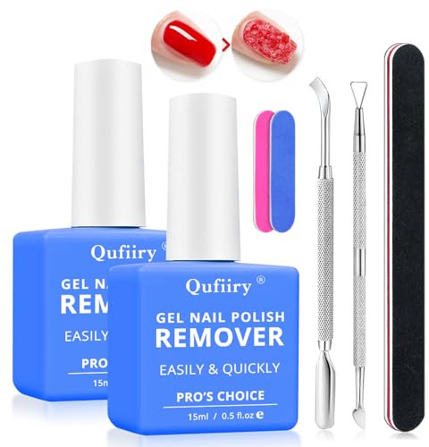 Qufiiry 2 Pcs 15 ml Gel Nail Polish Remover, Nail Polish Remover, Peel off in 3-5 Min, Nail Remover with Gel Polish Scraper and Nail File, Do Not Hurt Your Nails