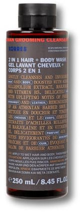 KORRES ATHENIAN GROOMING 2-in-1 Shampoo and Shower Gel for Men, Moisturising and Detangling, with Invigorating Notes of Fresh Bergamot and Leather, Silicone and Paraben Free, 250 ml