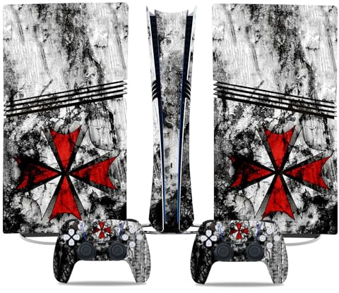 MaD Vision® Extra-haltbares Skin-Kit für PlayStation (PS5) Pro Disc und Pro Digital | Mattes Vinyl-Aufkleber-Set für Konsole + 2 Controller – für Resident Evil Umbrella Design