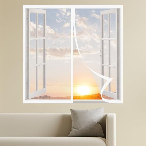 Magnetic Window Screen Insect Mesh 130 x 140 cm Self Sealing Cat Screen Door with Tape and Closing Magnets Without Drilling for All Kinds of Window, White